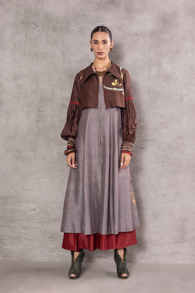 BROWN & GREY SILK TRENCH COAT WITH OLIVE KHADI PANTS (AJP-01)