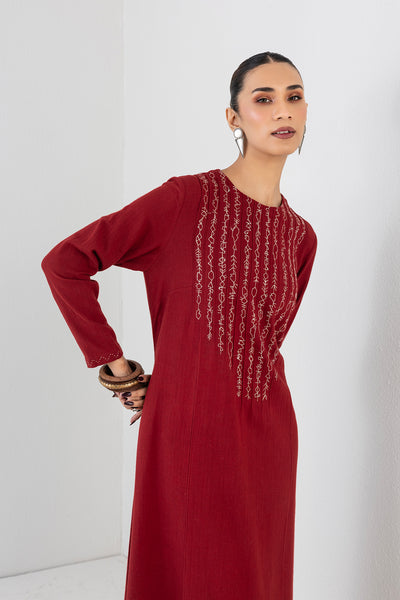 RED MELANGE ABSTRACT EMBROIDERED LONG DRESS (1 PC)