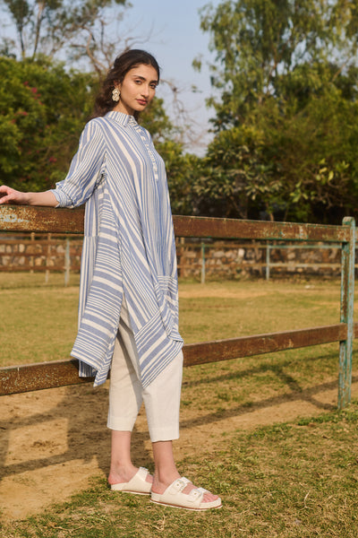 BLUE AND WHITE COTTON STRIPE ASYMMETRIC SHIRT STYLE TUNIC (CM-02/TNC)