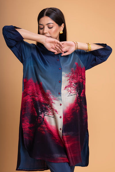 MIDNIGHT BLUE & PINK CHANDERI PRINTED SHIRT (1 PC)