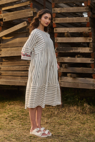 BLACK & WHITE COTTON STRIPE DRESS WITH EMBROIDERED SLEEVES (CM-12/DRS)