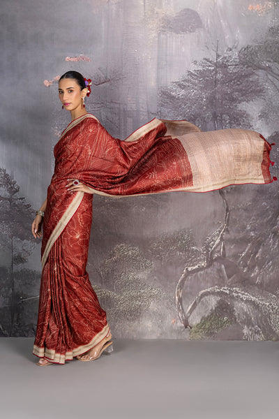 MAROON MATKA TUSSOR DISCHARGE PRINT SAREE (1 PC)