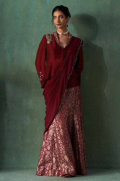 MAROON BROCADE EMBROIDERED SKIRT WITH ATTACHED PALLU (1 PC)