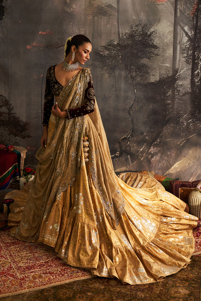 GOLD TISSUE FOIL PRINTED LEHENGAWITH CRINO (1 PC)