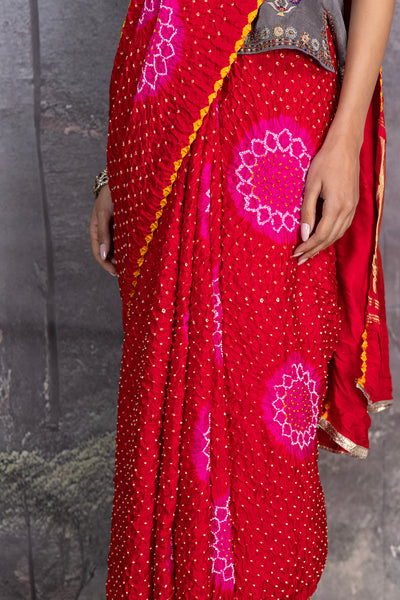 RED GAJI SILK BANDHANI EMBROIDERED SAREE (1 PC)