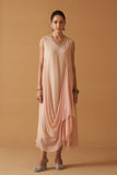 PEACH CHIFFON MOTI EMBROIDERED DRAPE DRESS ( SE-03A)