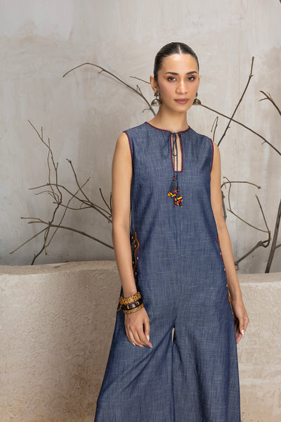 NAVY BLUE DENIM EMBROIDERED JUMPSUIT (1 PC)