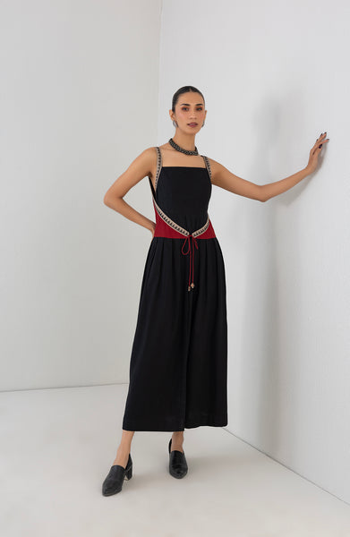 BLACK & RED MELANGE EMBROIDERED WRAP DRESS (1 PC)