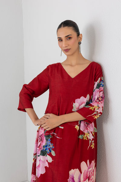 CRIMSON FLAME DUPION CHINA ROSE PRINTED DRESS (1 PC)