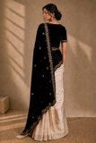 Ivory Silk Saree with Black Velvet Embroidered Drape (3PCS)