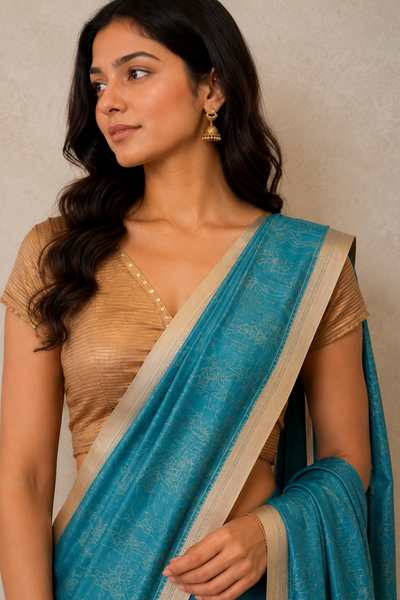 Woman wearing a blue saree with a beige blouse against a neutral background