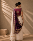 Ivory tissue crinkled saree paired with a luxurious royal purple antique dupatta (4 pcs)