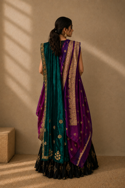 A woman stands with her back to the camera wearing a traditional Indian outfit consisting of a teal green and purple lehenga with gold zari embroidery and a matching dupatta, set against a warm beige wall with soft window shadows.
