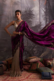 BROWN CRUSH ORGANZA TISSUE EMBROIDERED SAREE WITH SILVER TISSUE UNSTITCHED BLOUSE PIECE WITH PURPLE VELVET EMBROIDERED DUSHALA (4 PCS)