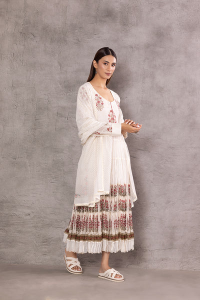 IVORY CHANDERI PRINTED TIER KURTA SET