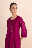 MAGENTA STRIPE DUPION PRINTED & EMBROIDERED ANGRAKHA KURTA SET (2 PCS)