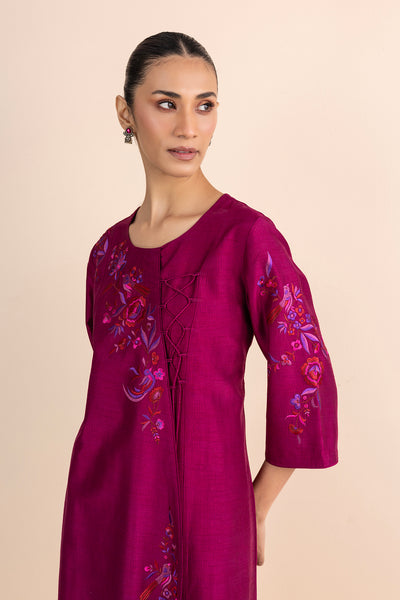 MAGENTA STRIPE DUPION PRINTED & EMBROIDERED ANGRAKHA KURTA SET (2 PCS)