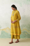 LIME GREEN THIN CHANDERI MULTICOLOUR KASHMIRI EMB. BACK SLIT KURTA SET (3 PCS)