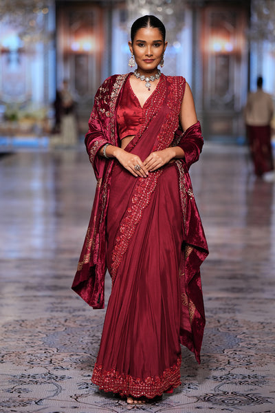 RUBY CHINON CHIFFON EMBROIDERED DRAPED SAREE SET (2 PCS)