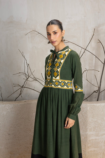 MILITARY GREEN KALA COTTON EMBROIDERED DRESS (1 PC)