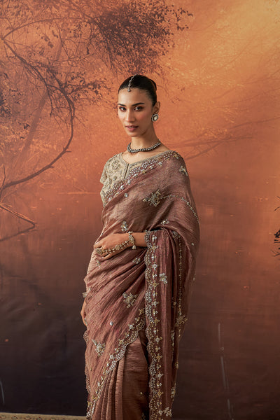 BROWN TISSUE EMB. SAREE SET (2 PCS)