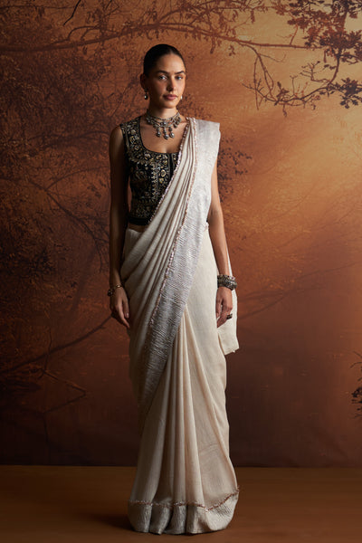 SILVER SILK TISSUE CRINKLE WITH KIRAN LACE SAREE SET  (SE-10)