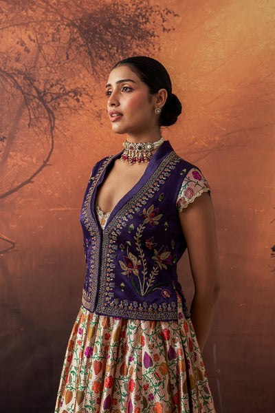 MULTICOLOUR KIMKHWA BORCADE EMB. LEHENGA SET(EVO-05) (5 PCS)