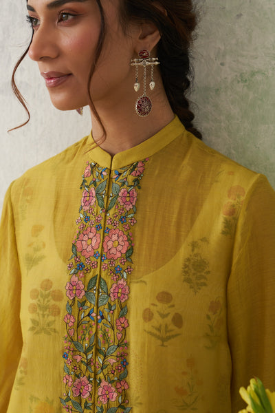 LIME GREEN CHANDERI EMB. KASHMIRA TUNIC & JACKET SET (2 PCS)