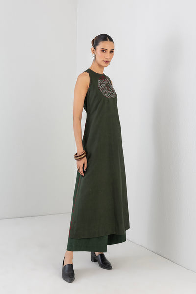 MOSS GREEN MELANGE DRESS PAIRED WITH MOSS GREEN PANTS (2 PCS)