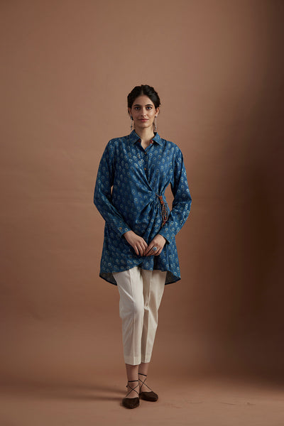 Teal blue silk mulmul printed stylized shirt (veg-11a/shirt)