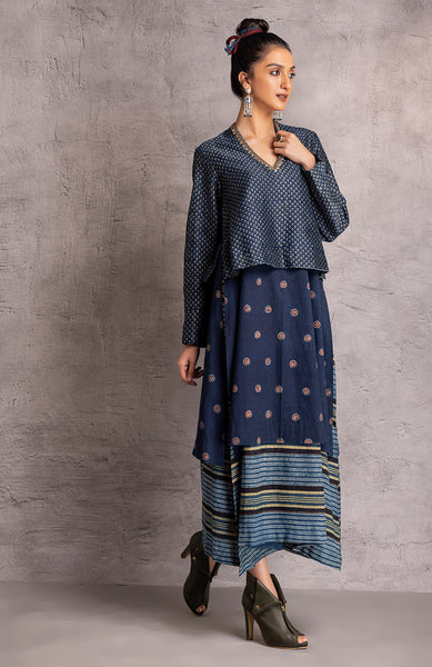 Indigo Blue Cotton Linen Ajrakh Printed 3 Layered Embroidered Dress (PR-10/DRS)