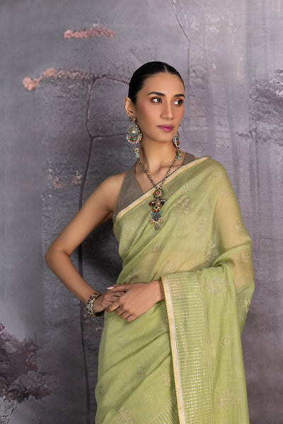 PISTA GREEN CHANDERI EMBROIDERED SAREE (1 PC)