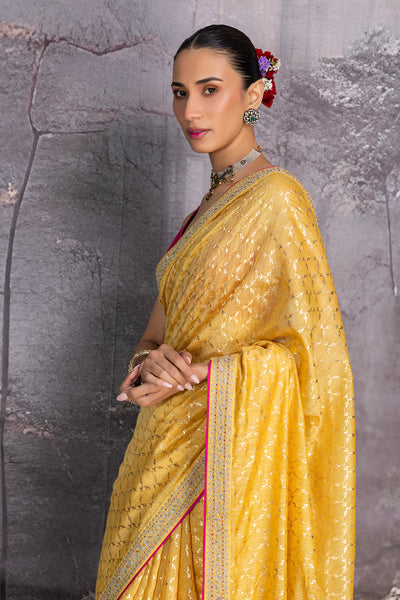 YELLOW GEORGETTE TUSSOR FOIL PRINTED SAREE SET (3 PCS)