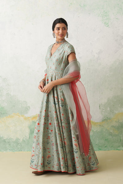 AQUA DUPION PRINTED & EMB. ANARKALI SET (2 PCS)