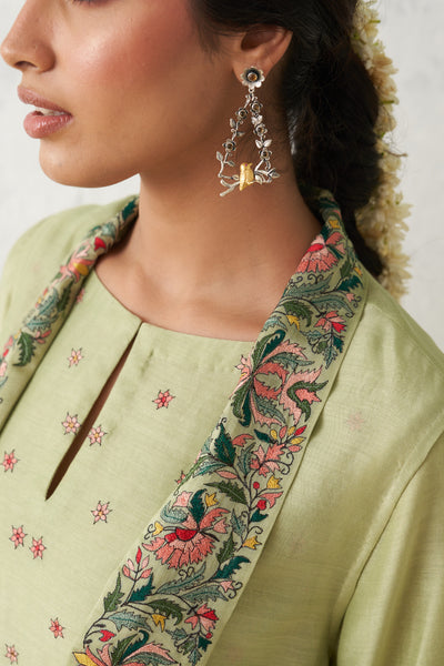 MINT GREEN CHANDERI KASHMIRI EMB. CAPE & DRESS SET (3 PCS)