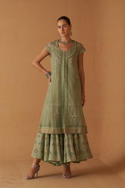 MINT KOTA TISSUE EMBROIDERED JACKET WITH MINT MAHESHWARI TISSUE INNER AND MINT PRINTED SHARARA ( SE-02)