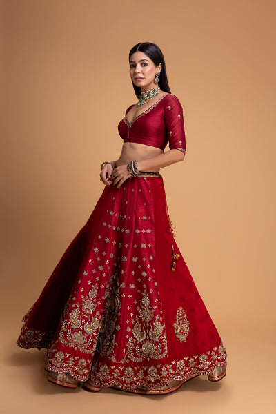 RED MUSHROO EMB LEHENGA SET (3 PCS)