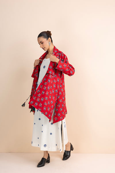 RED RAYON FLORAL PRINTED JACKET (1 PC)