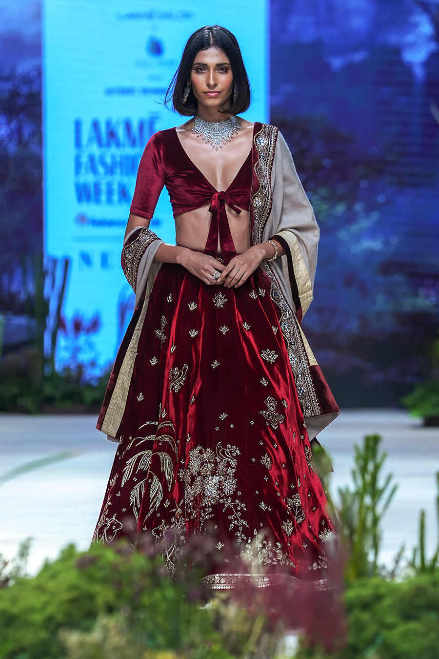 Buy Embroidered, Resham and Zari Work Velvet Lehenga Choli In Maroon Online  -