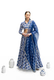 IVORY & BLUE SILK CHANDERI BLOUSE WITH ELECTRIC BLUE PRINTED CHANDERI SKIRT WITH CRINO (FA-23E/BLS, FA-23/SKT+CRN)