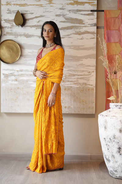 MUSTARD GAJI SILK BANDHANI SAREE (MTK-004/SRE)