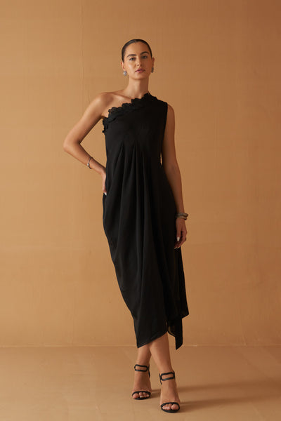 BLACK TENCIL GEORGETTE  DRAPE DRESS PAIRED WITH BLACK BLOUSE ( SE-05A)