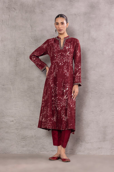 MAROON VISCOSE DUPION PRINTED EMBROIDERED TAGAAI KURTA (DC-04A/KUR)