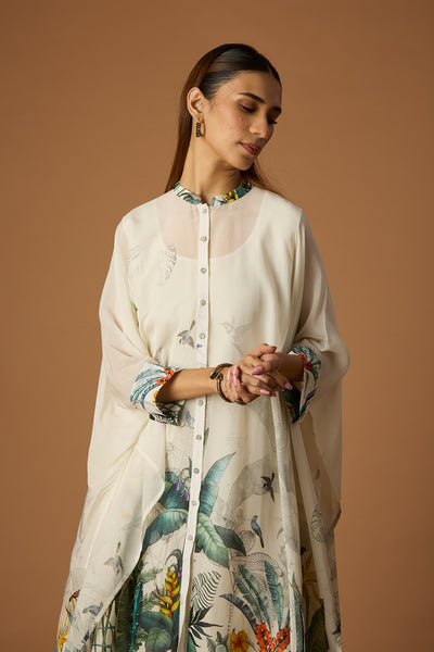 IVORY SILK ORGANZA FOREST PRINTED KAFTAN SET (SV-15) (2 PCS)