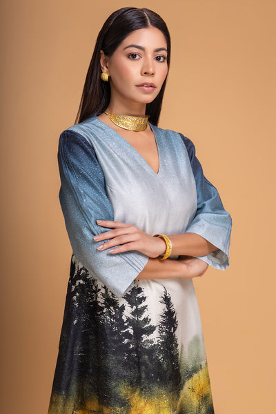 BLUES CHANDERI PRINTED DRESS (1 PC)