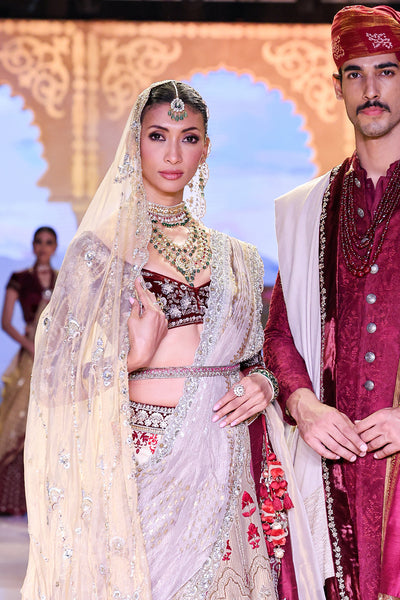 GOLD & MAROON DUPION EMBROIDERED LEHENGA SET (HD-09A)