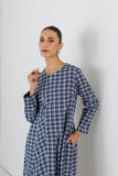 BLUE CHEQUERED WOOLEN GODET PANELS DRESS (1 PC)