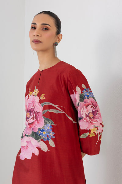 POPPY BLAZE SILK CHANDERI CHINA ROSE PRINTED TUNIC (1 PC)