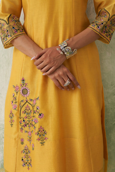 SUNFLOWER YELLOW CHANDERI MULTICOLOR KASHMIRI EMB. KURTA SET (2 PCS)