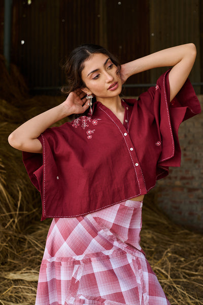 MAROON SHORT FLORAL EMBROIDERED COTTON KAFTAN TOP (CM-09/TOP)